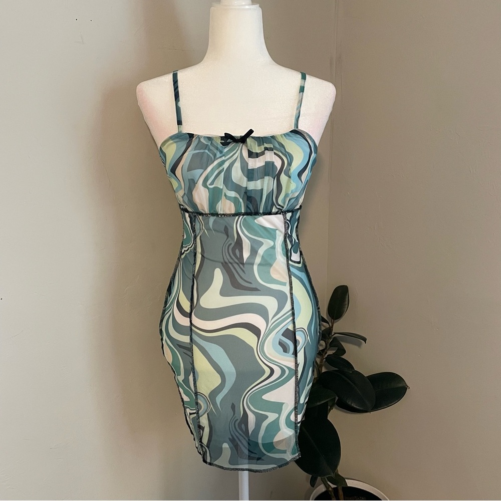 Rue21 Swirl Pattern Mini Dress - Various Shades of Green Retro Y2K Style